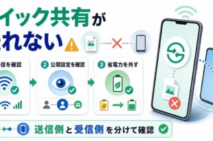 Androidのクイック共有が送れない時に通信公開設定省電力を確認するアイキャッチ画像