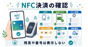 NFC、決済アプリ、メイン設定、支払い前確認を行い、残高や番号は表示しないことを示す日本語アイキャッチ画像