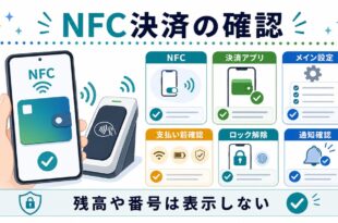 NFC、決済アプリ、メイン設定、支払い前確認を行い、残高や番号は表示しないことを示す日本語アイキャッチ画像