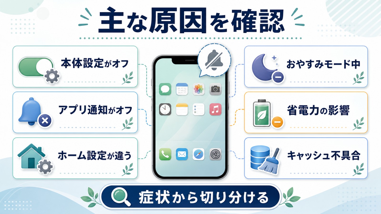 Androidの通知バッジが表示されない原因を本体設定アプリ通知ホーム設定おやすみモード省電力キャッシュで切り分ける図解