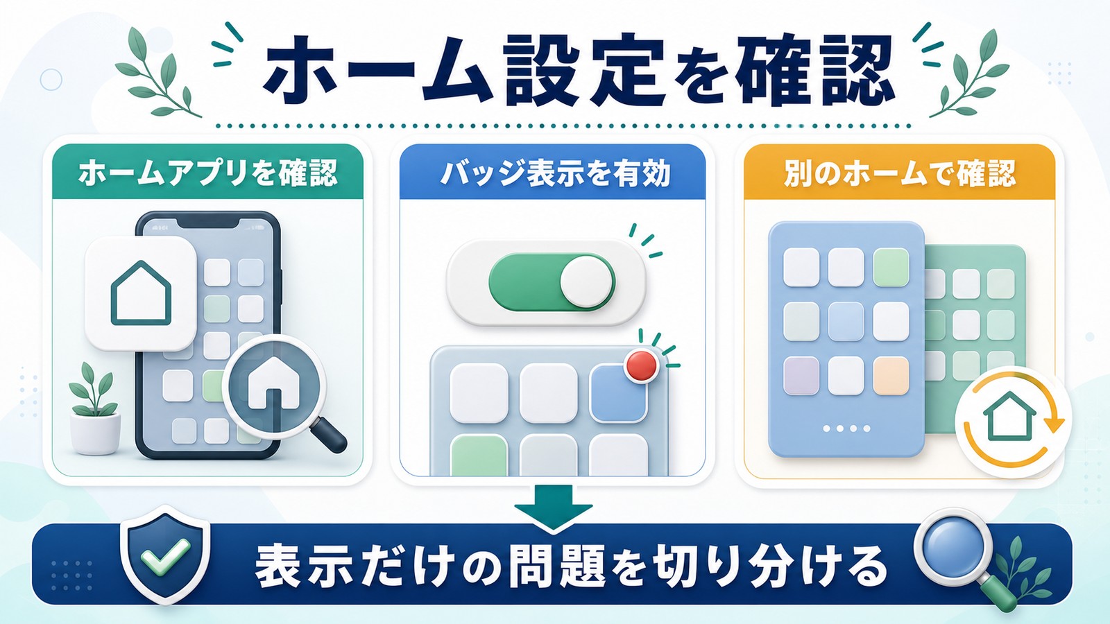 Androidのホームアプリでバッジ表示が有効か別のホームで確認する図解