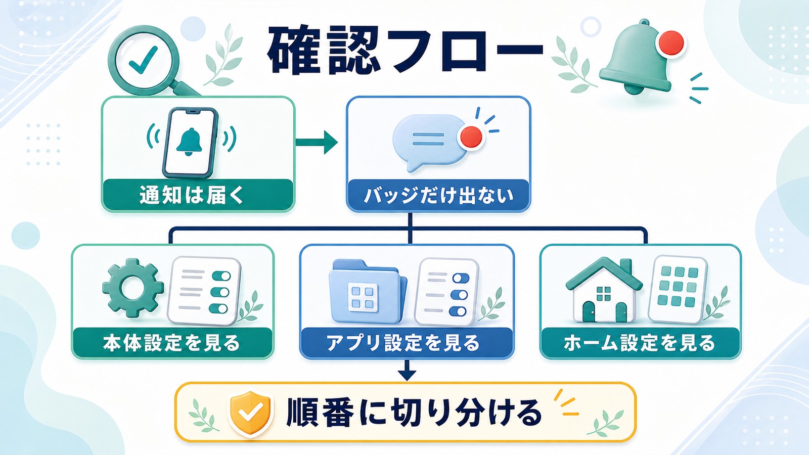 Androidの通知バッジが出ない時に通知は届くかバッジだけ出ないか本体設定アプリ設定ホーム設定の順に確認する図解
