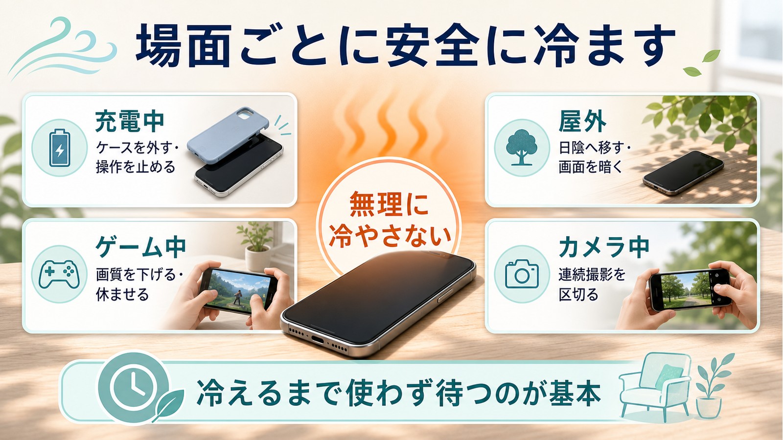 充電中ゲーム中屋外カメラ中にスマホが熱くなる時の安全な対処を整理した図解