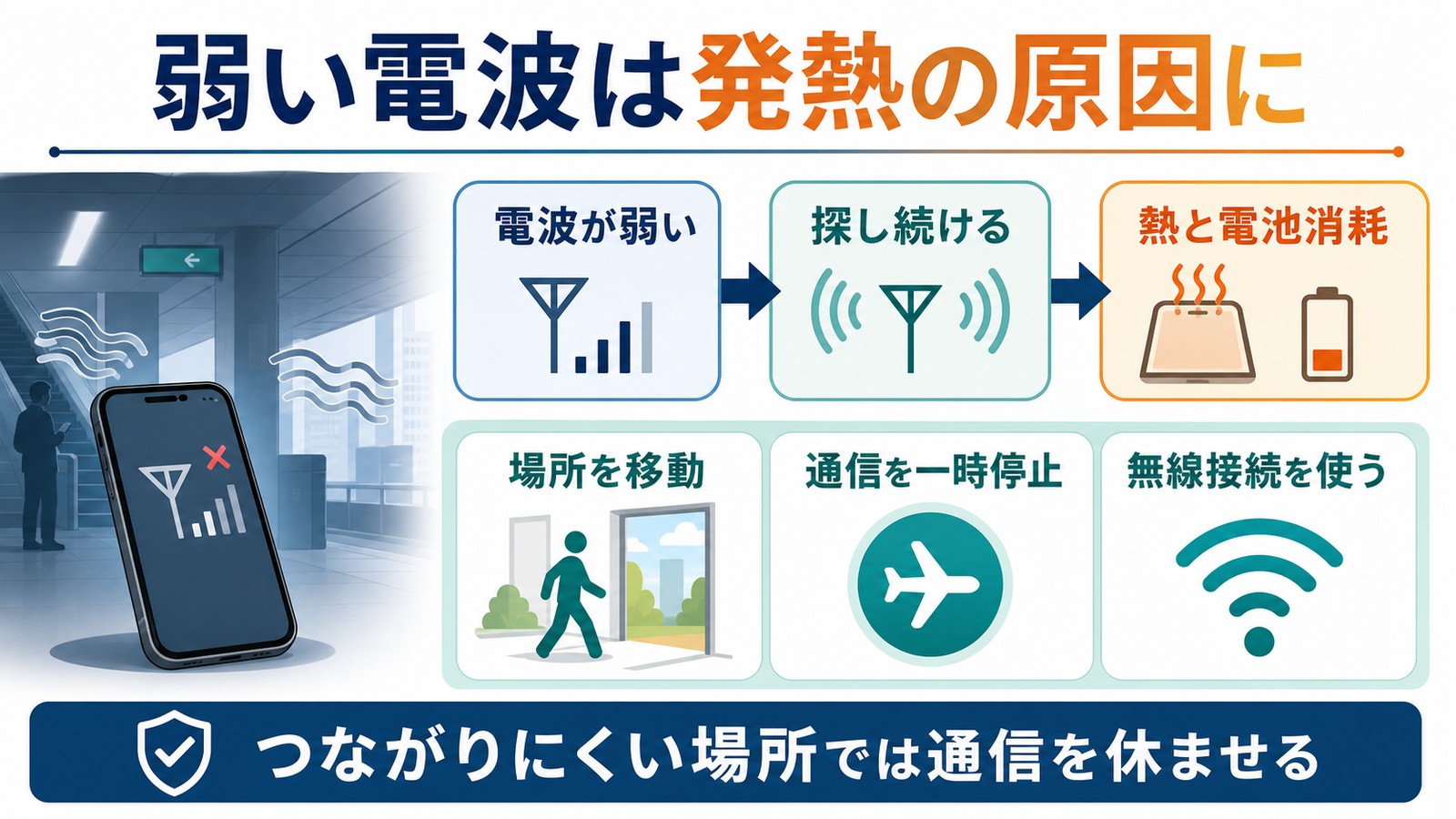 電波が弱い場所でスマホが接続先を探し続けて熱と電池消耗が増える流れと対処を示す図解