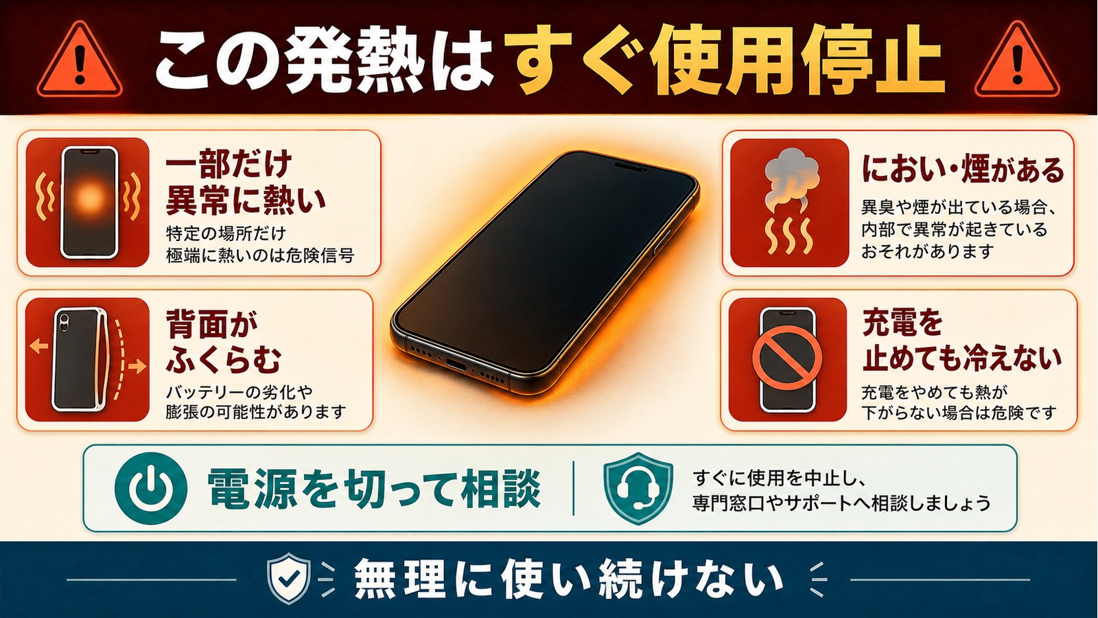 一部だけ異常に熱い背面がふくらむにおいや煙がある充電を止めても冷えない時は使用停止する図解