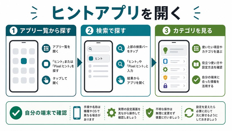 アプリ一覧、検索、カテゴリ、自分の端末で確認する流れを整理した日本語図解