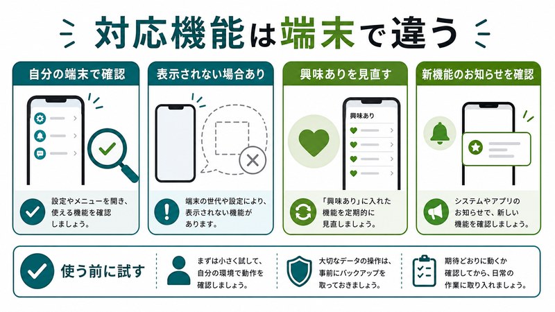 対応機能は端末で違う、自分の端末で確認、表示されない場合、興味あり見直し、新機能のお知らせ確認を整理した日本語図解