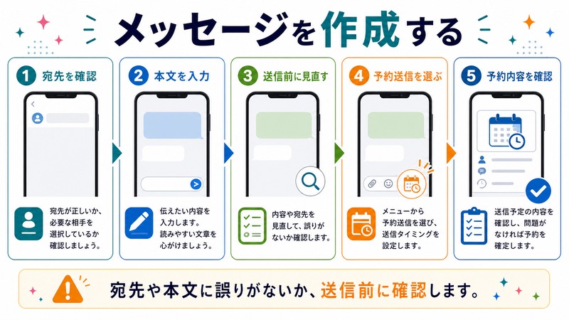 宛先を確認し、本文を入力し、送信前に見直し、予約送信を選び、予約内容を確認する流れを示す日本語図解