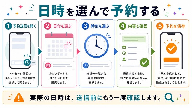 予約送信を開き、日付を選び、時刻を選び、内容を確認し、予約を保存する流れを示す日本語図解