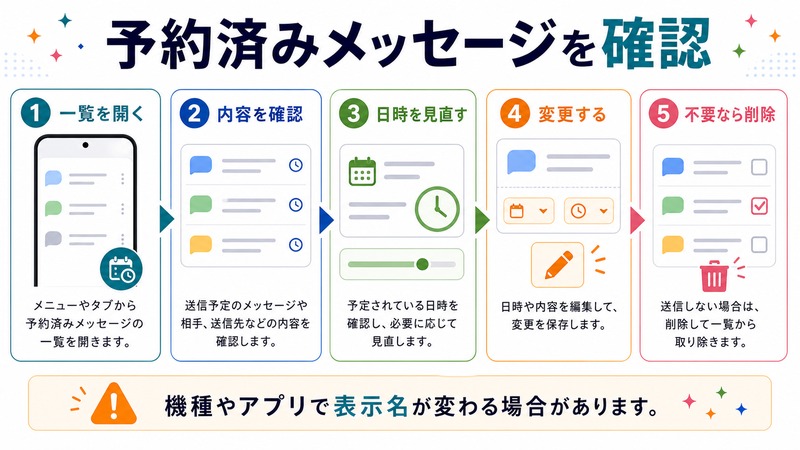 一覧を開き、内容を確認し、日時を見直し、変更し、不要なら削除する流れを示す日本語図解