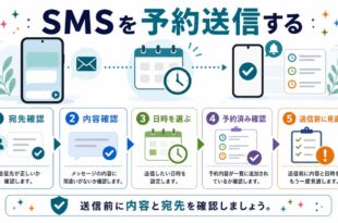 SMSの宛先確認、内容確認、日時選択、予約済み確認、送信前の見直しを整理した日本語アイキャッチ画像