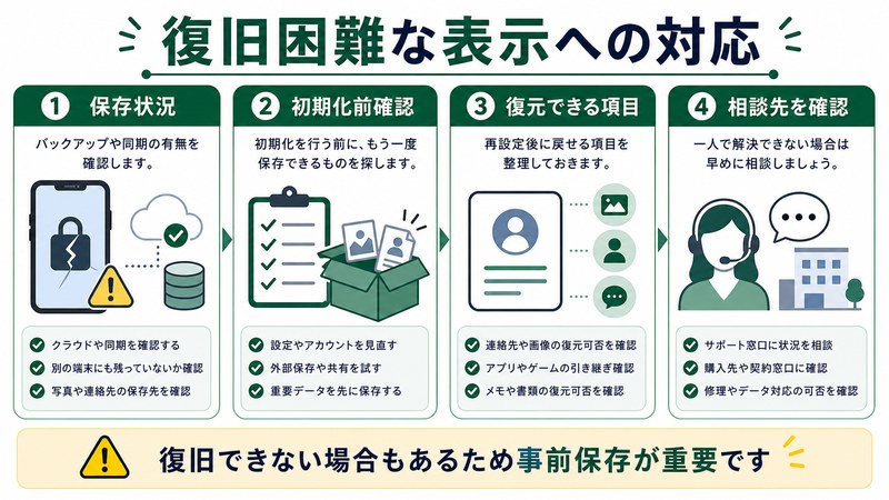 保存状況、初期化前確認、復元できる項目、相談先を整理した日本語図解