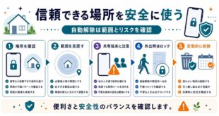 信頼できる場所での自動解除について、場所、範囲、共有端末、外出時のロック、定期削除を整理した日本語アイキャッチ画像
