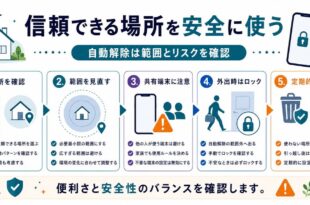 信頼できる場所での自動解除について、場所、範囲、共有端末、外出時のロック、定期削除を整理した日本語アイキャッチ画像
