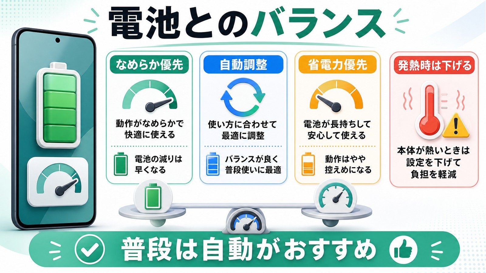 Androidのなめらか表示をなめらか優先自動調整省電力優先発熱時は下げるで使い分ける図解