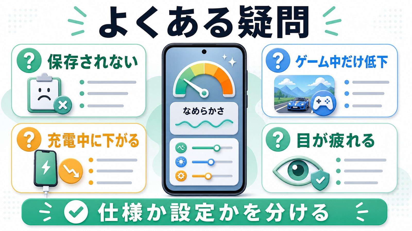 Androidのなめらか表示が保存されないゲーム中だけ低下充電中に下がる目が疲れる疑問を整理した図解