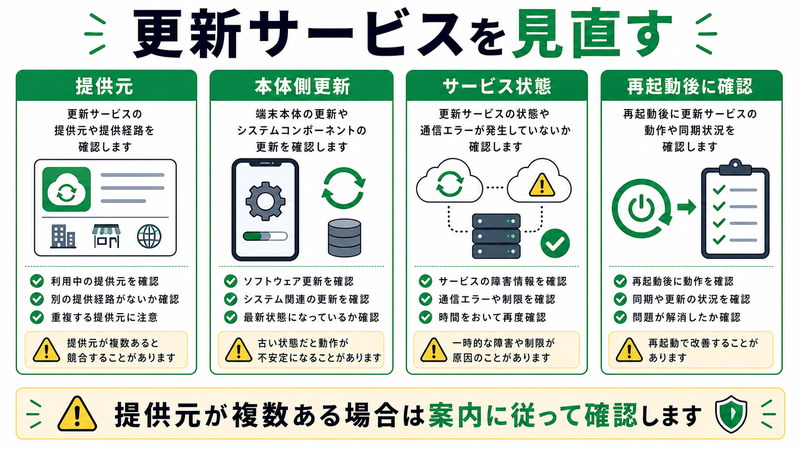 提供元、本体側更新、サービス状態、再起動後の確認を整理した日本語図解