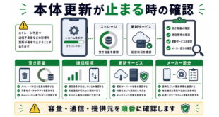 空き容量、通信状態、更新サービス、メーカー差分を整理した日本語アイキャッチ画像