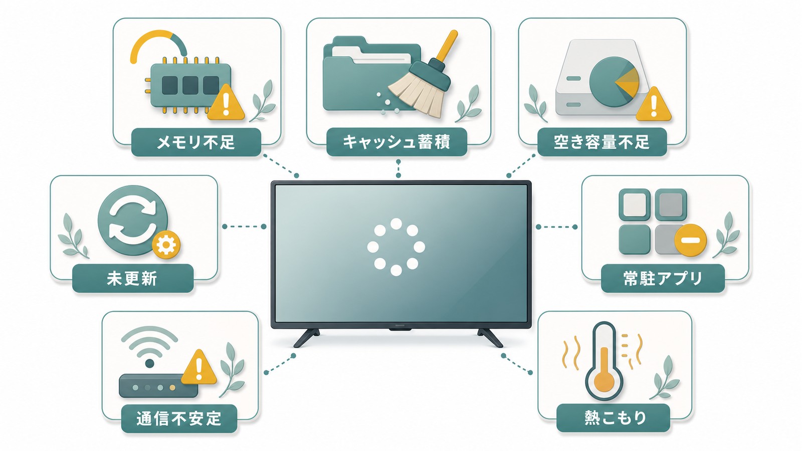 Android TVが重くなる原因をメモリ不足キャッシュ蓄積空き容量不足未更新常駐アプリ通信不安定熱こもりで整理した図解