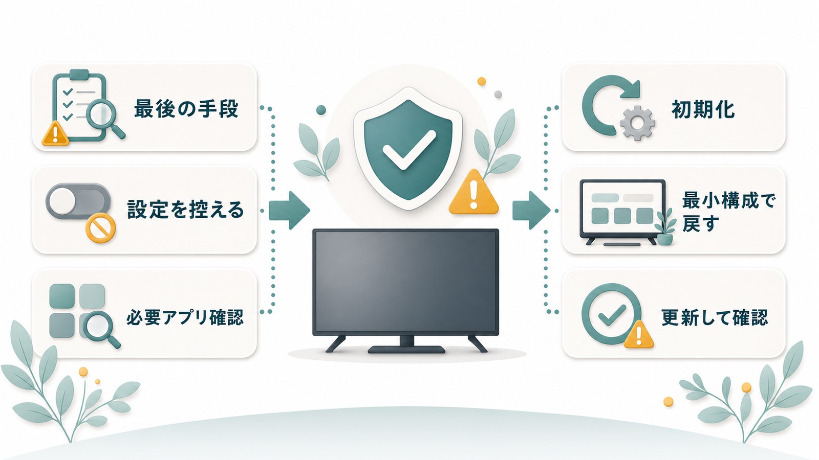 Android TVの初期化は最後の手段として設定を控え必要アプリを確認し最小構成で戻して更新確認する図解