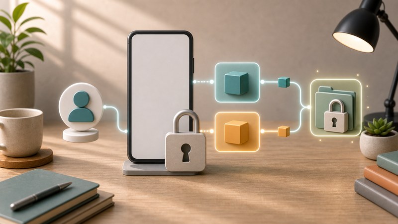 スマートフォン、ロック、確認レイヤー、認証経路を無文字アイコンで整理した日本語図解