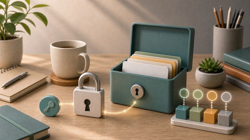 無地カード、保管ボックス、ロック、キートークンでバックアップコード管理を整理した日本語図解