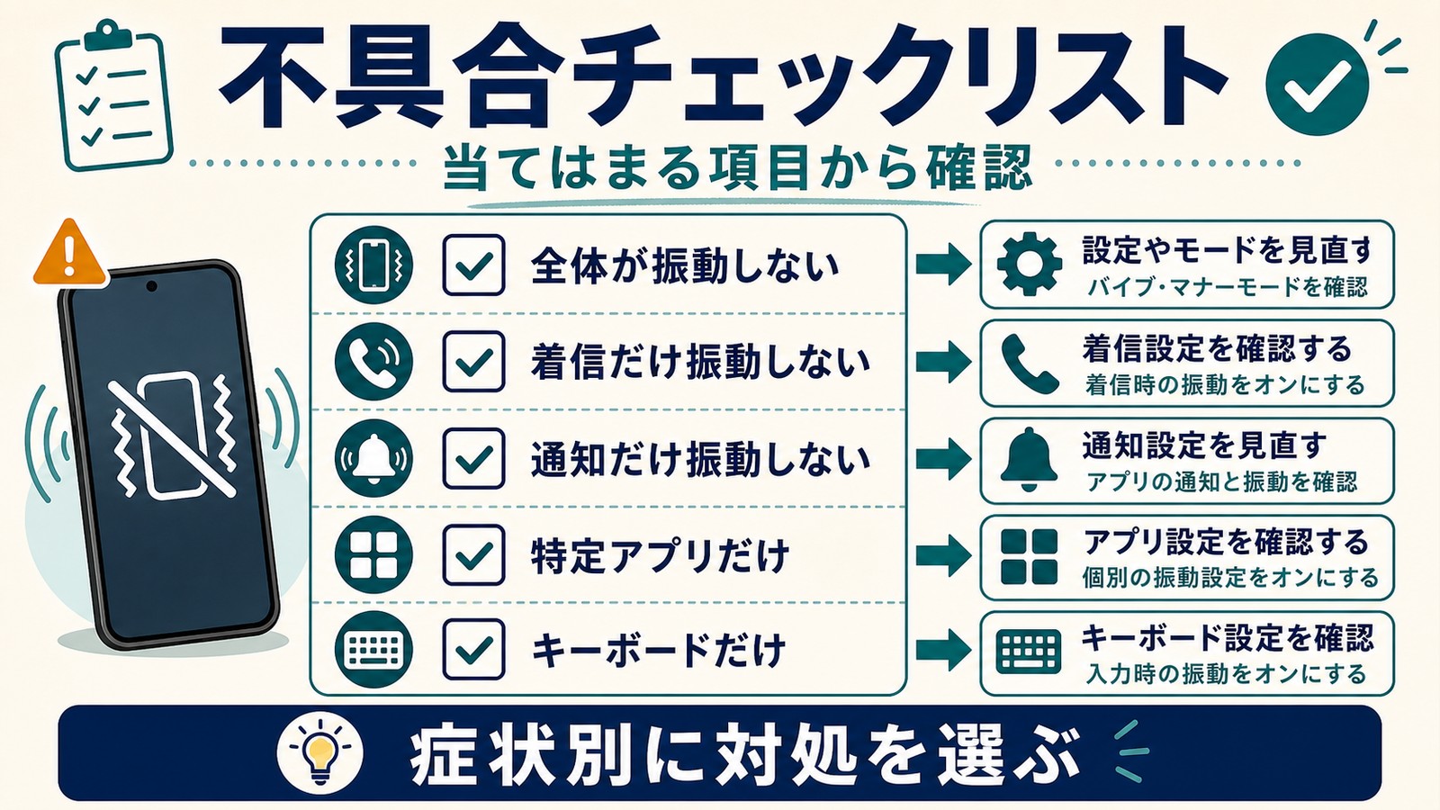 全体が振動しない着信だけ通知だけ特定アプリだけキーボードだけの症状から対処を選ぶ図解