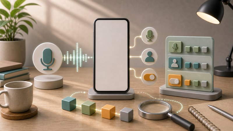 マイク、スマートフォン、音声波形、権限タイルを無文字アイコンで整理した日本語図解