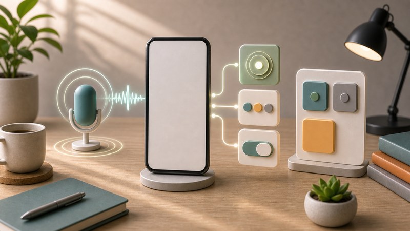 マイク、音声波形、検出リング、設定タイルを無文字アイコンで整理した日本語図解