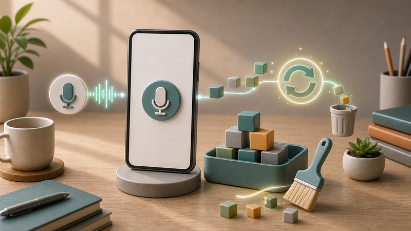 キャッシュブロック、整理トレイ、マイク、更新経路を無文字アイコンで整理した日本語図解
