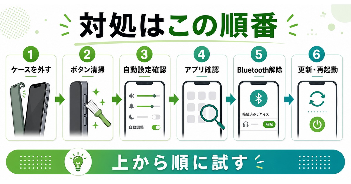 Androidの音量が勝手に変わる時にケース、ボタン、自動設定、アプリ、Bluetooth、更新再起動の順で確認する図
