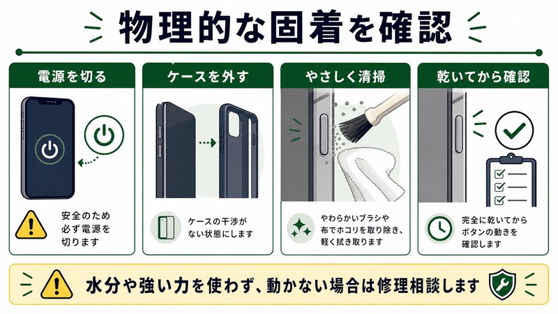 電源を切る、ケースを外す、やさしく清掃、乾いてから確認を整理した日本語図解