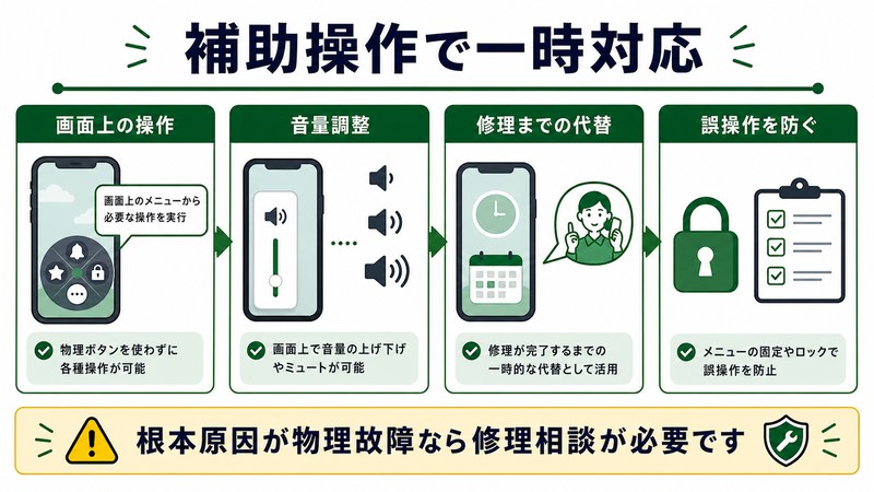 画面上の操作、音量調整、修理までの代替、誤操作防止を整理した日本語図解