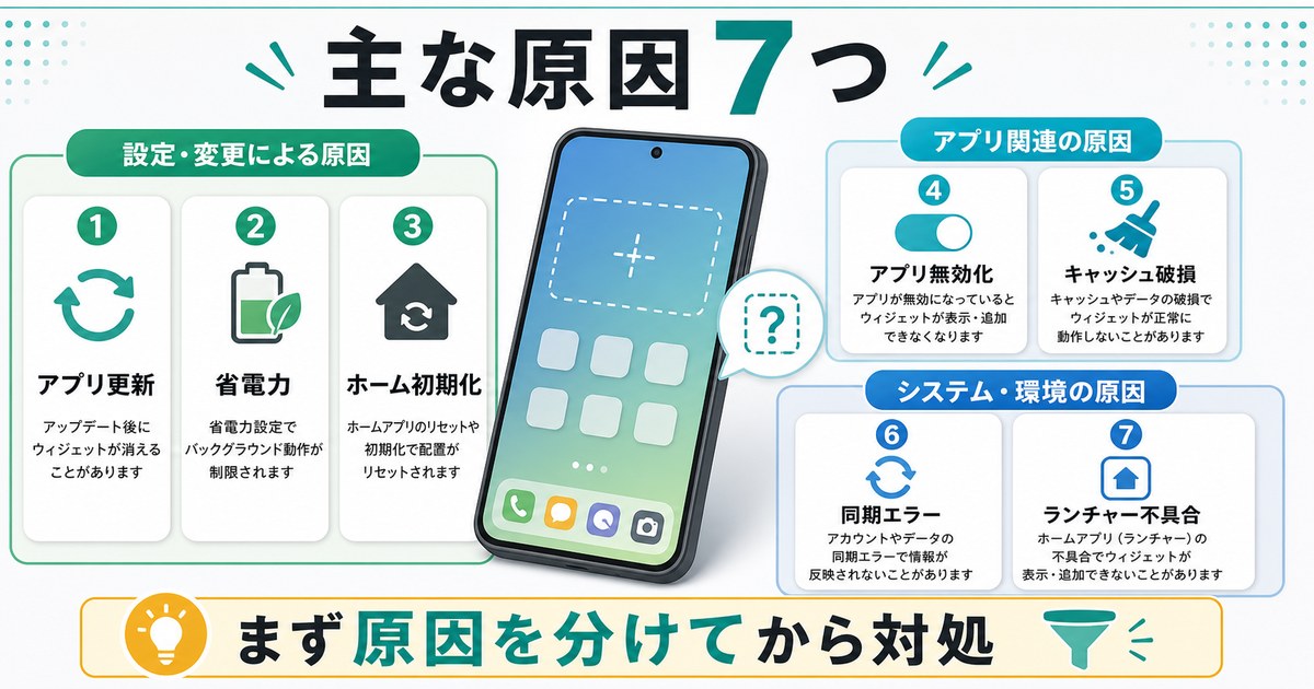 アプリ更新、省電力、ホーム初期化、アプリ無効化、キャッシュ破損、同期エラー、ランチャー不具合を示した図