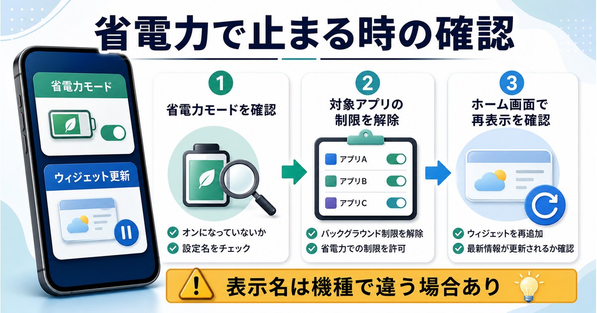 省電力モード、対象アプリの制限、ホーム画面での再表示を確認する手順を示した図