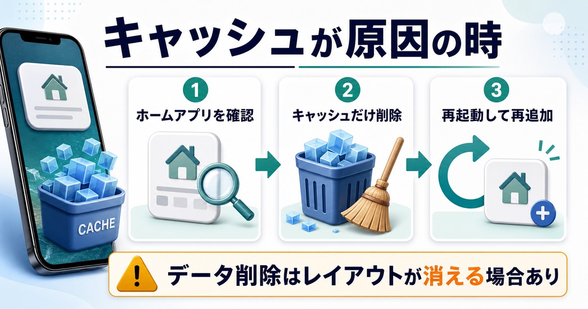 ホームアプリ確認、キャッシュ削除、再起動、ウィジェット再追加の流れを示した図