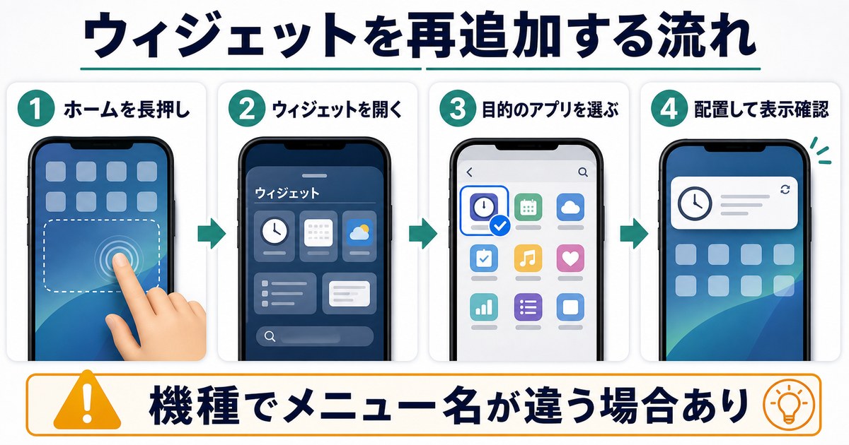 ホーム長押し、ウィジェットを開く、目的のアプリを選ぶ、配置して表示確認する流れを示した図