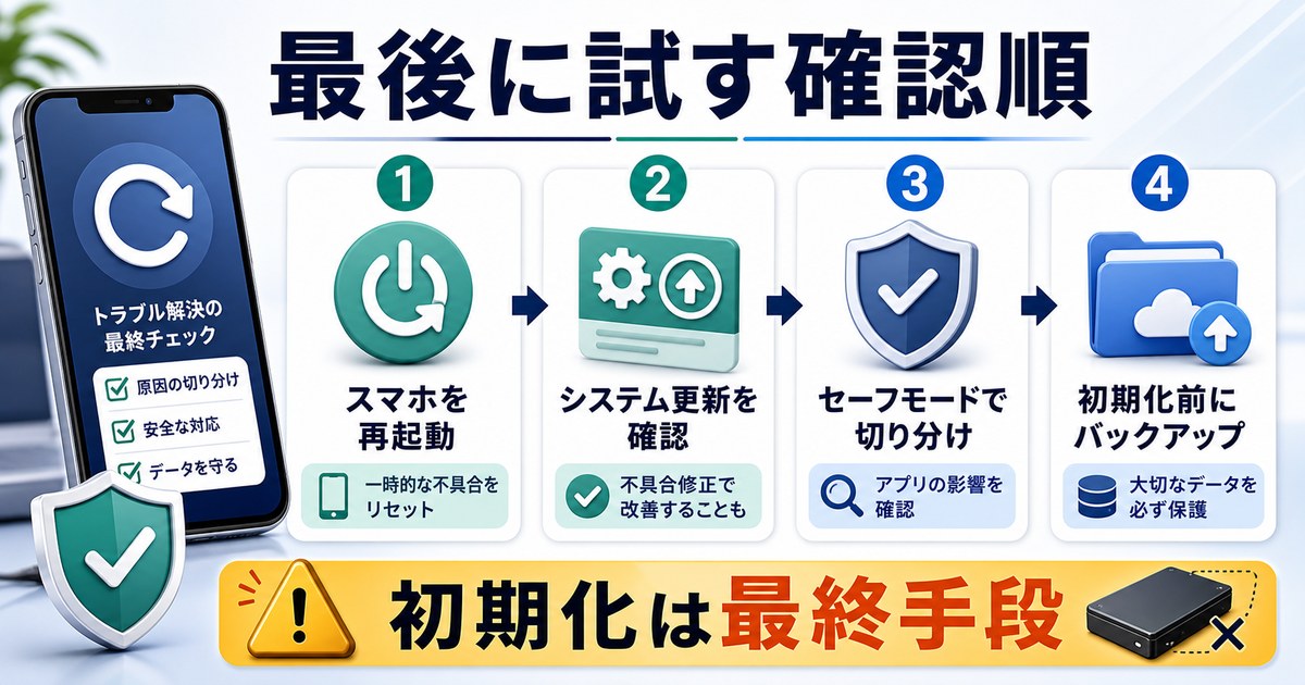 再起動、システム更新、セーフモード、初期化前バックアップの順に確認する図