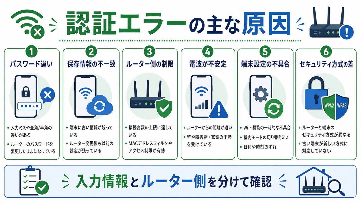 Wi-Fi認証エラーの原因をパスワード保存情報ルーター制限電波端末設定に分けた図解