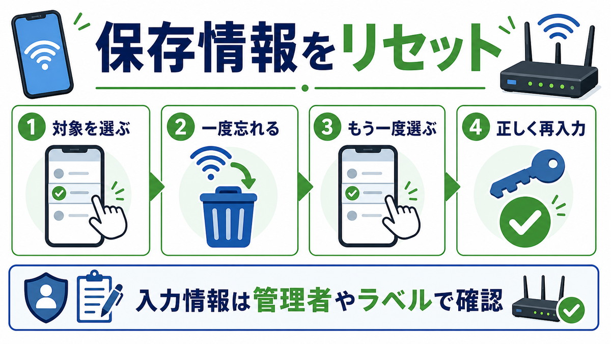 Wi-Fiの保存情報を一度忘れて再接続し正しく再入力する手順の図解