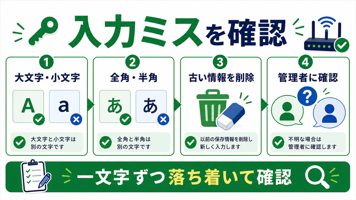 Wi-Fiパスワード入力時の大文字小文字全角半角古い情報管理者確認を示す図解