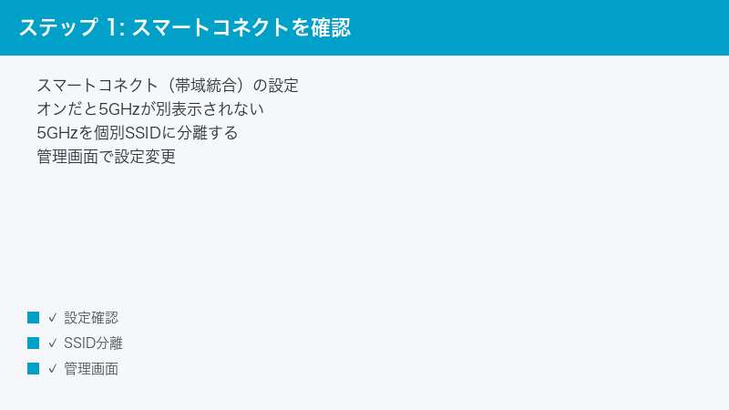 ステップ 1: スマートコネクトを確認 — スマートコネクト(帯域統合)の設定・オンだと5GHzが別表示されない・5GHzを個別SSIDに分離する