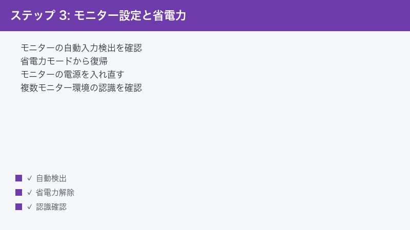 ステップ 3: モニター設定と省電力 — モニターの自動入力検出を確認・省電力モードから復帰・モニターの電源を入れ直す