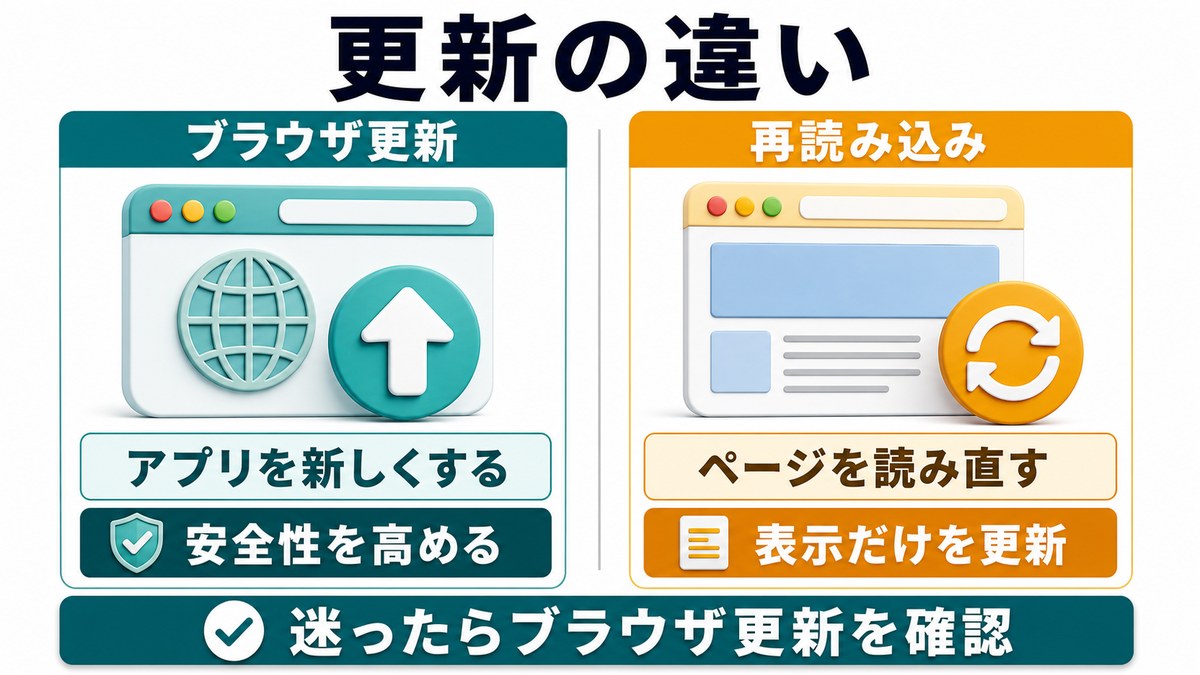 ブラウザのバージョン更新とページ更新の違いを説明する図解