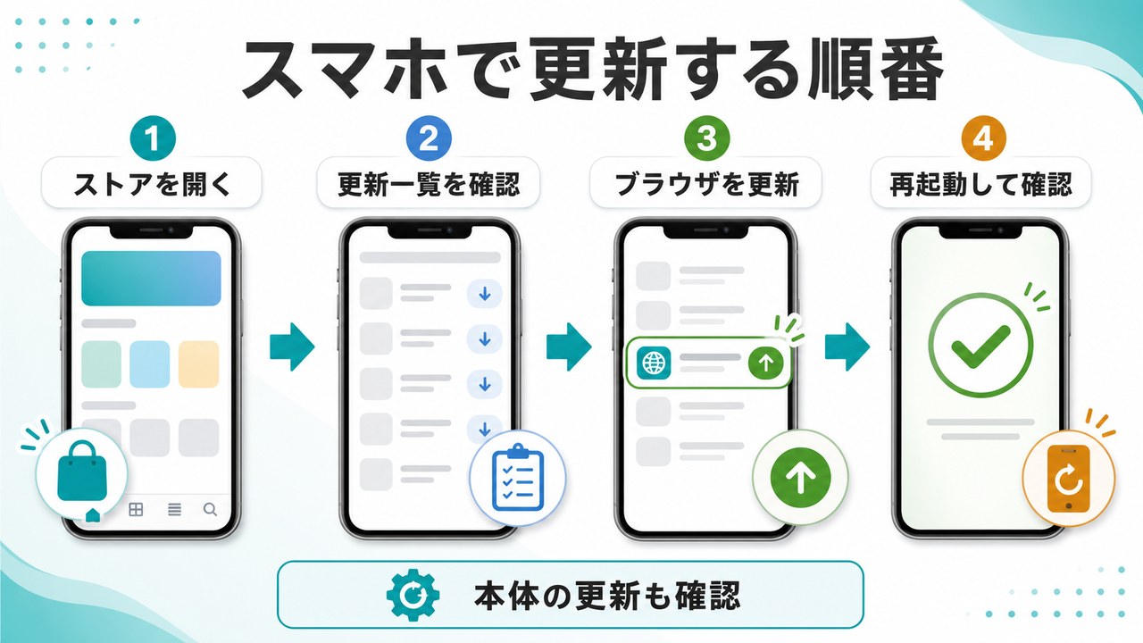 スマホでブラウザを更新する順番を示す図解