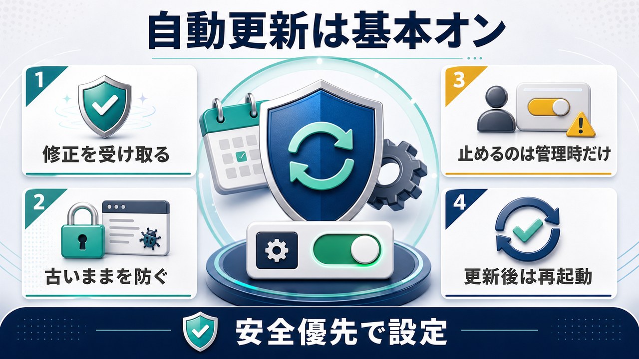 ブラウザの自動更新を基本オンにする考え方を示す図解