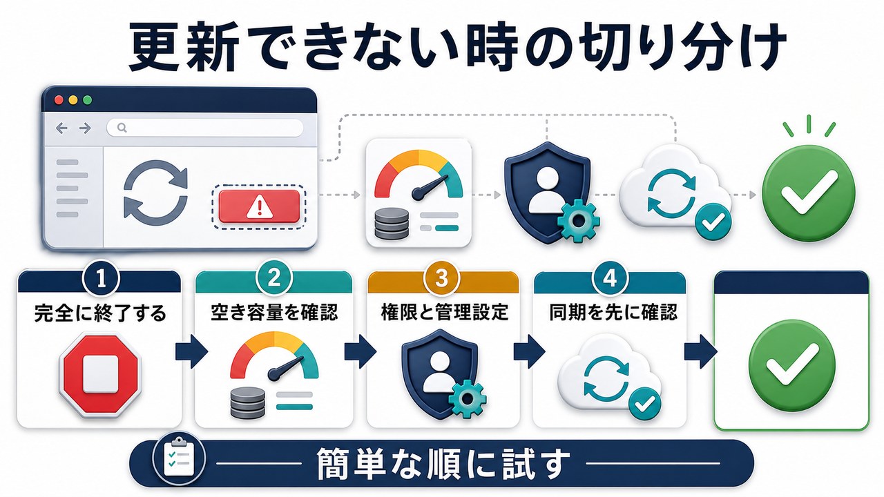 ブラウザが更新できない時の確認順序を示す図解