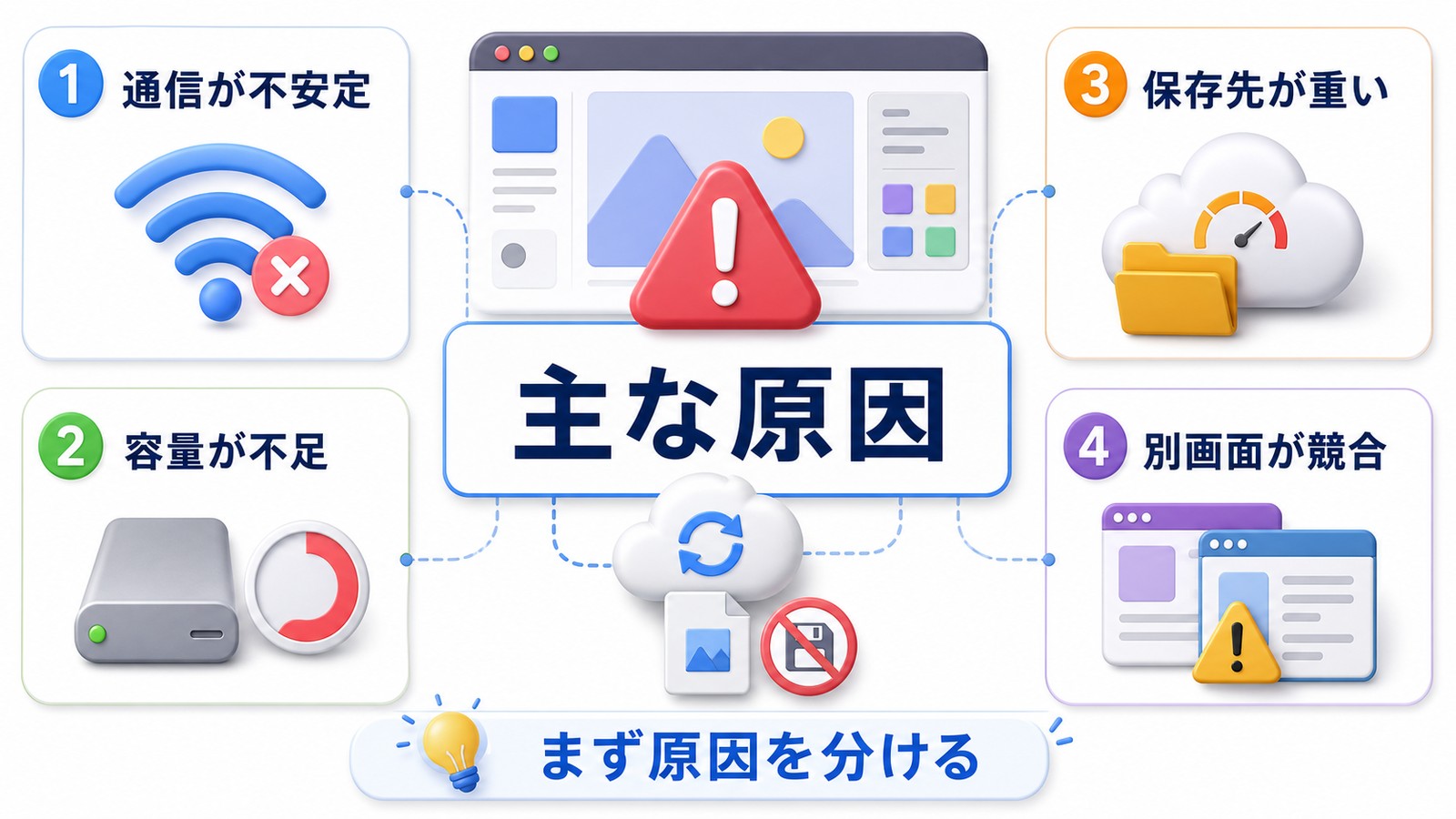 Canvaで保存できない時に通信容量保存先競合の四つの原因を切り分ける図解