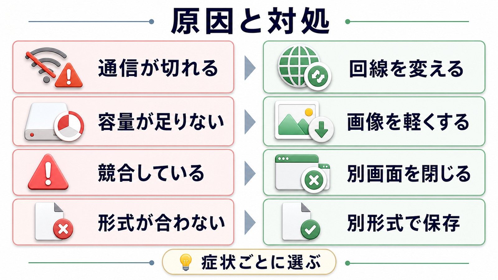 Canva保存エラーで症状ごとに回線変更画像軽量化競合停止別形式保存を選ぶ図解