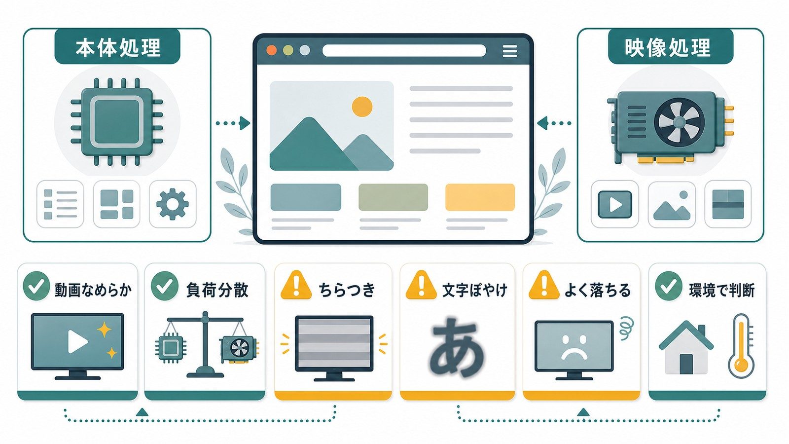 Chromeのハードウェアアクセラレーションで本体処理と映像処理を分け動画なめらか負荷分散ちらつき文字ぼやけを比較する図解